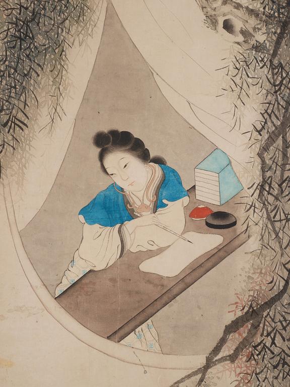 A Chinese painting, ink and water colour on paper of an elegant lady in thoughts, Qing dynasty, 19th Century.