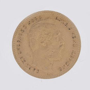 GULDMYNT, 1 Carolin / 10 Francs, Karl XV, Sverige och Norge 1868. Vikt ca 3 gram.