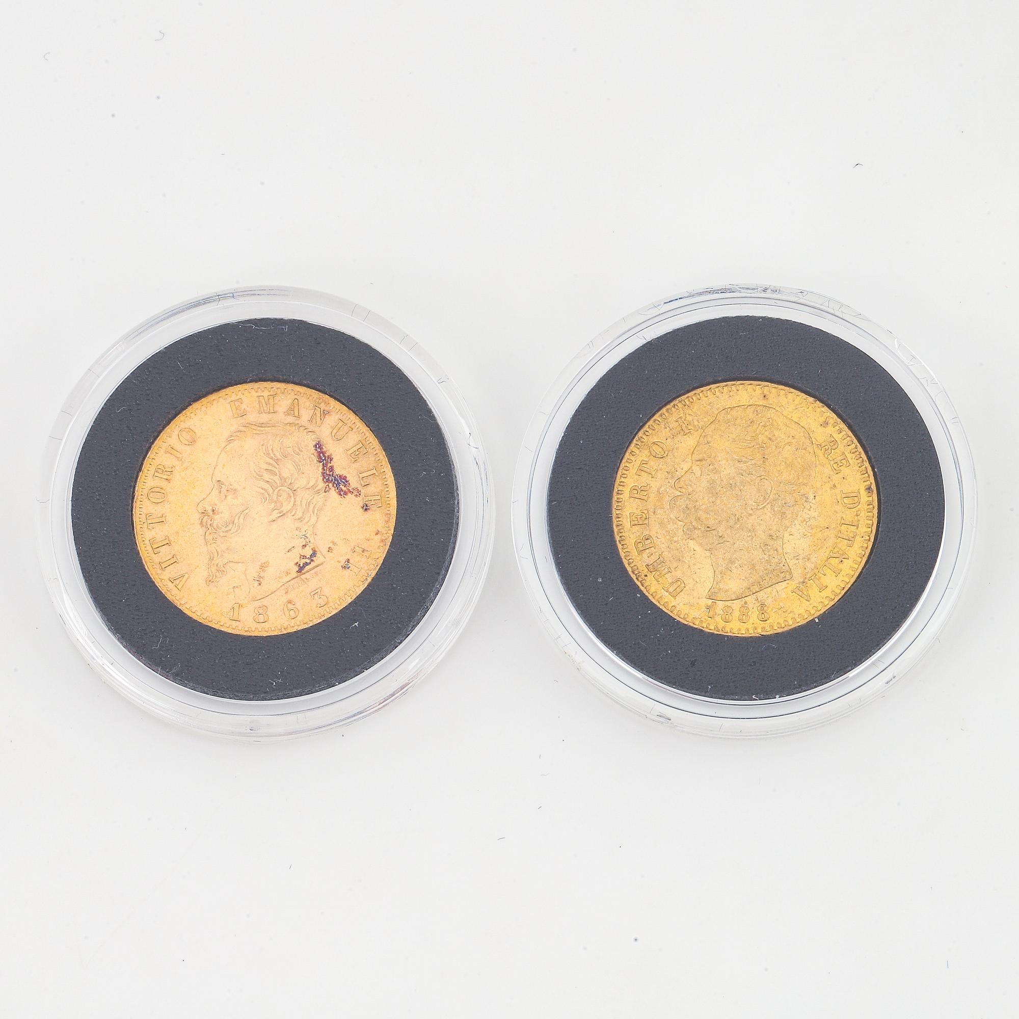 Two Italian 20 Lire gold coins, 1863 & 1888.