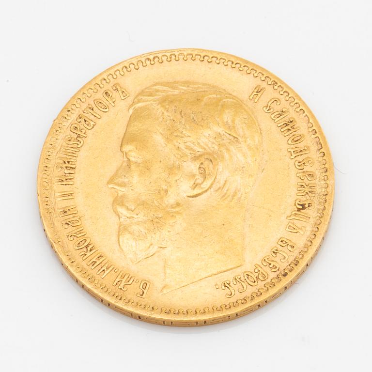 Two Russian 5 Rubel 21K gold coins, Nicolas II, 1898.