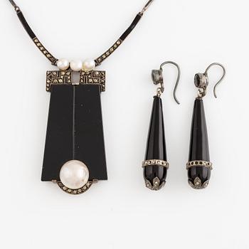 Necklace and a pair of earrings, silver, onyx, mother-of-pearl, and pyrite.
