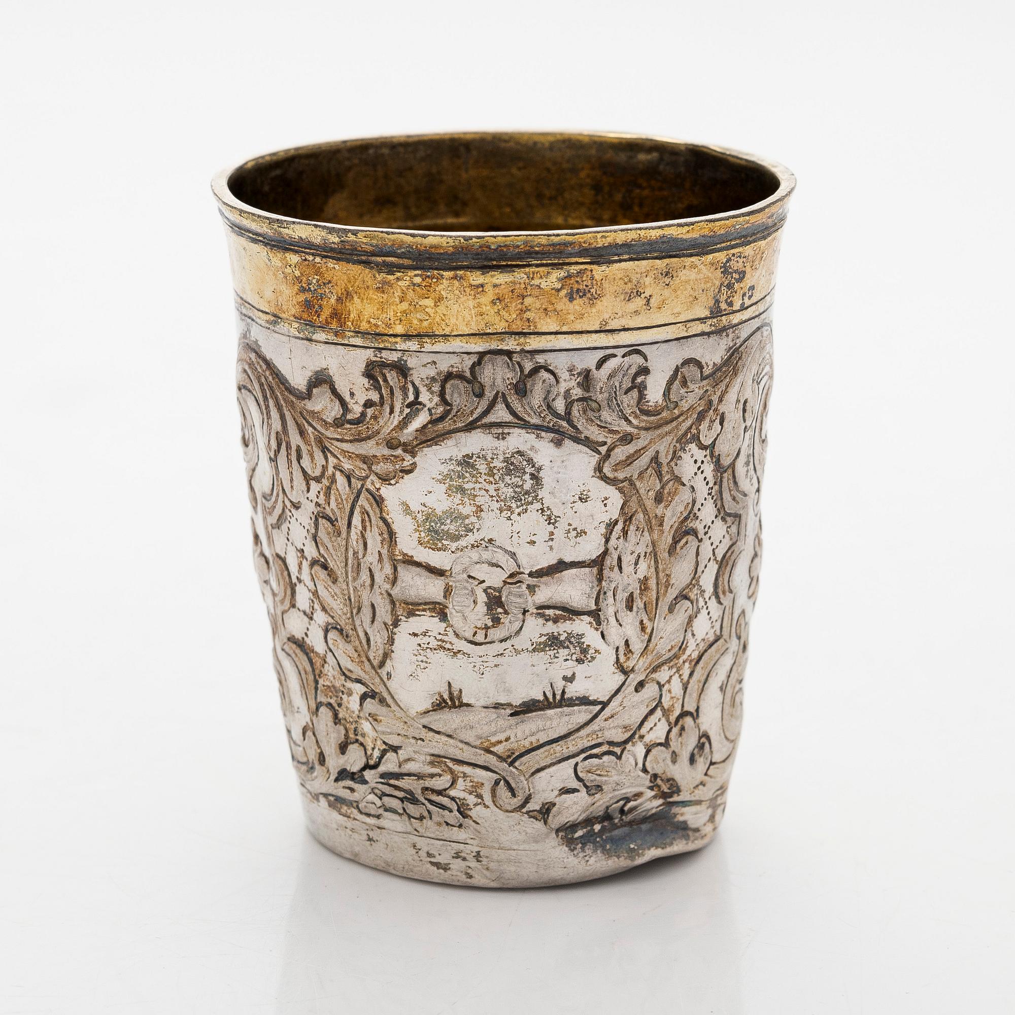 A Baroque parcel-gilt silver beaker, presumably by Timofei Silujanov, Moscow 1749.