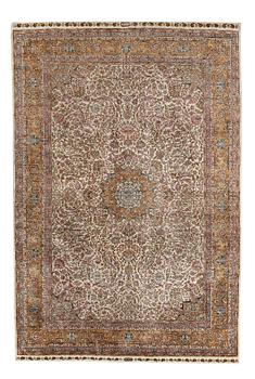 274. A carpet, an old silk Turkey, ca 237,5 x 146,5  cm (as well as 3,5-4 cm flat weave at the ends).