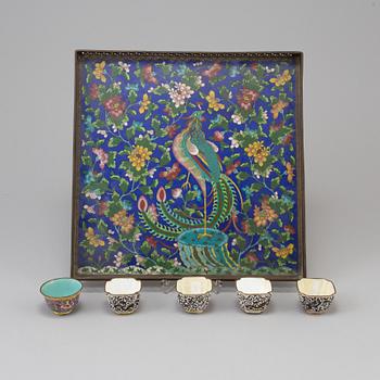 A chinese cloisonné tray, 20th century, and five enamel on copper cups, late 19th/early 20th century.