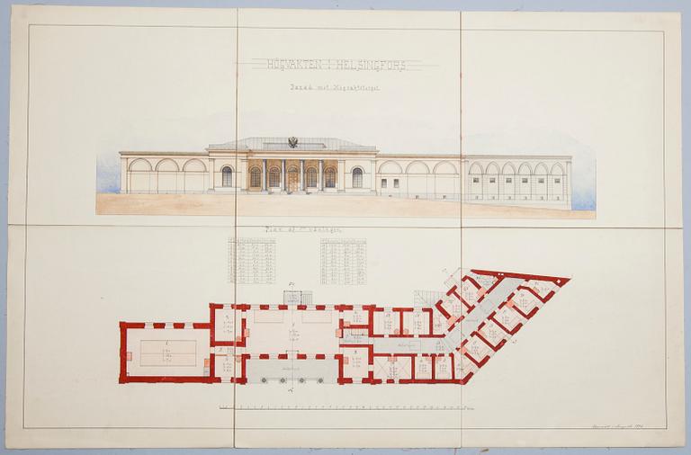 ARKITEKTRITNING, 2 st, akvareller, daterad 1893 i Helsingfors.