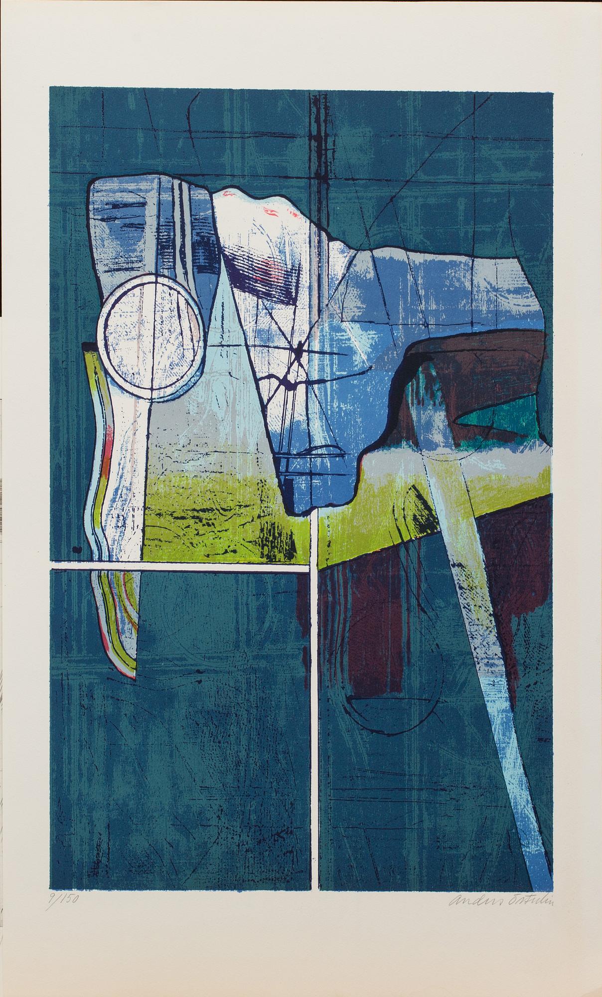 MAPP, litografier 5 st, bl.a. Jörgen Fogelquist, Ulf Trotzig, Anders Österlin, Nr 9/150, daterad 1974.