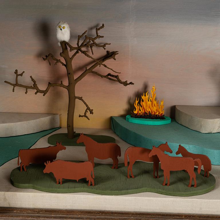 Richard Johansson, object/installation in a wooden cupboard, drawing, painting and mixed media, signed.