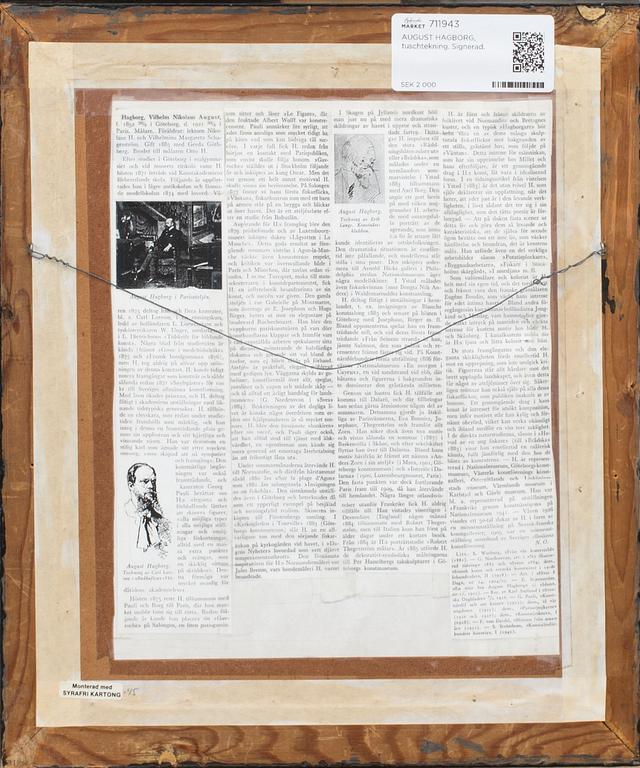 AUGUST HAGBORG, tuschtekning. Signerad.