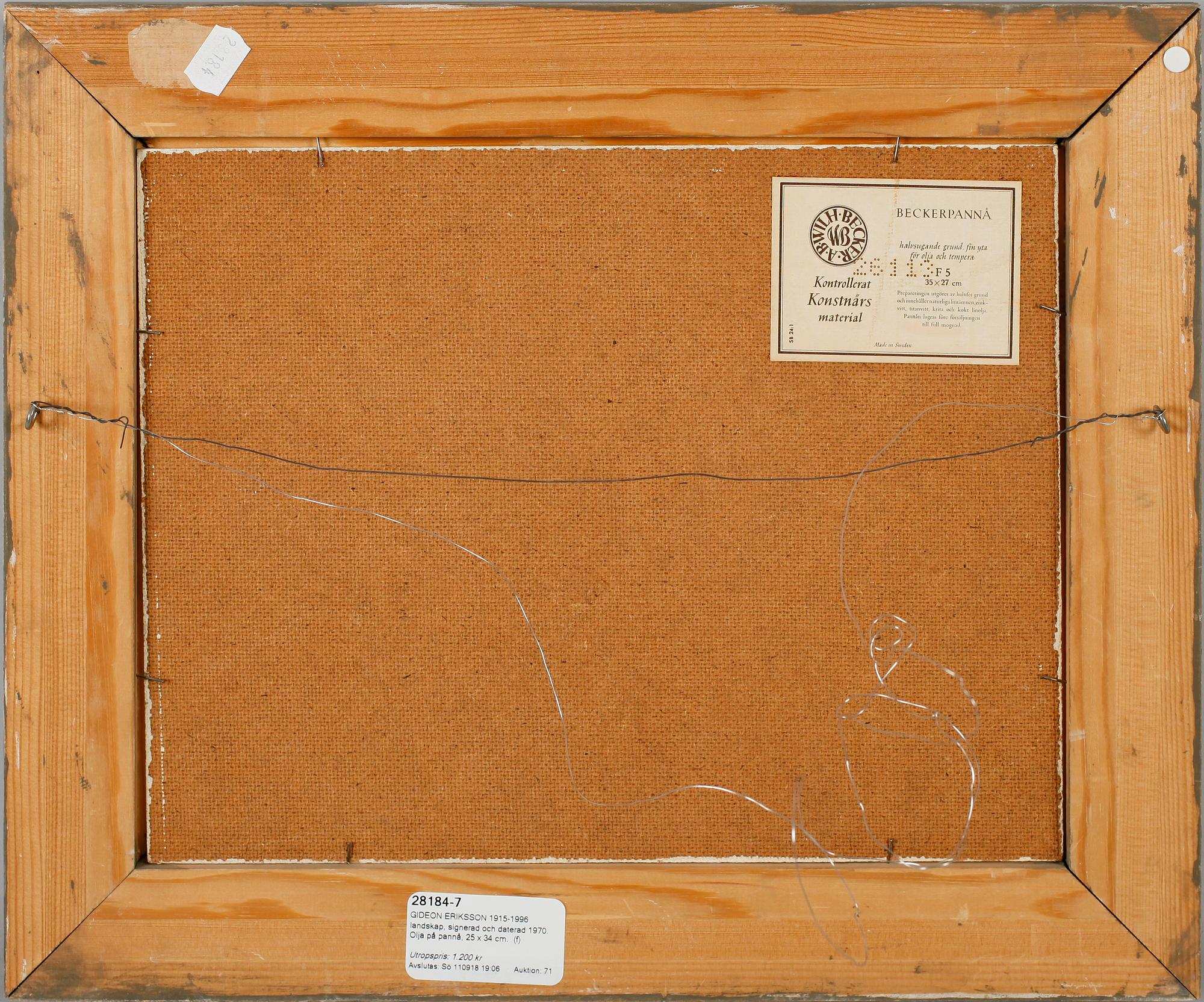 GIDEON ERIKSSON, olja på pannå, sign och dat -70.