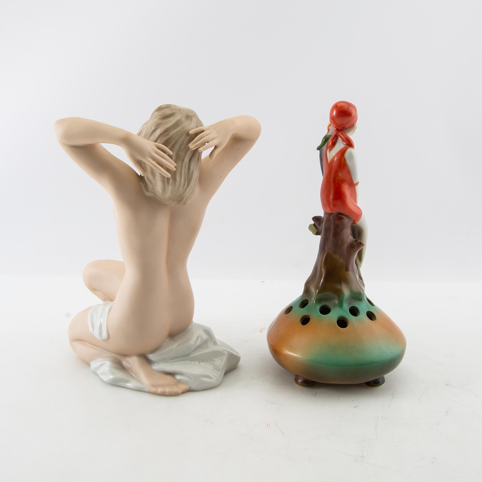 Figurines 4 pcs including Royal Dux and Wallendorf Germany mid-20th century porcelain.