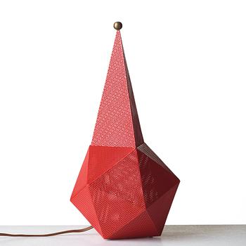 Mathieu Matégot, a "Bagdad" red lacquered perforated and corrugated sheet metal table lamp, ed. Atelier Mategot, France post 1954.