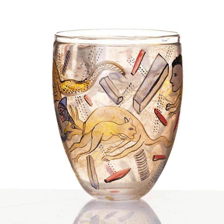 Ulrica Hydman-Vallien, a unique enamel painted glass vase, Kosta Boda, Sweden.