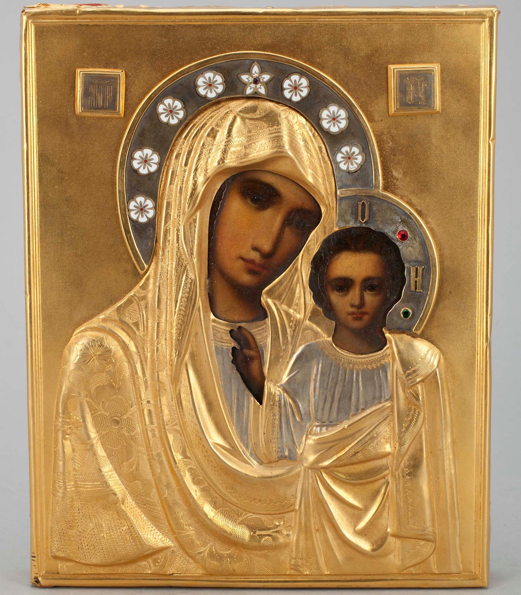 Icon, enamel ornamentation, golden risa, Russia, Moscow, ca 20th Century.