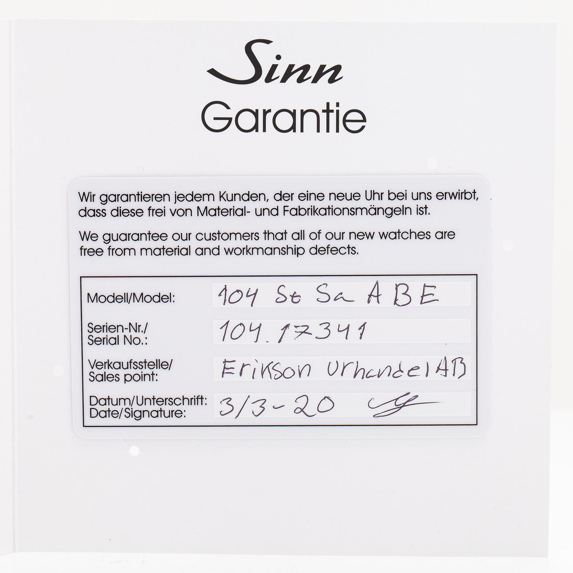 Sinn, 104 St Sa A B E, wristwatch, 41 mm.