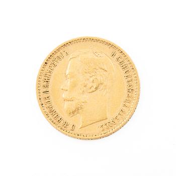 Gold coin, Nicholas II, Russia, 5 Rubles, 1900.