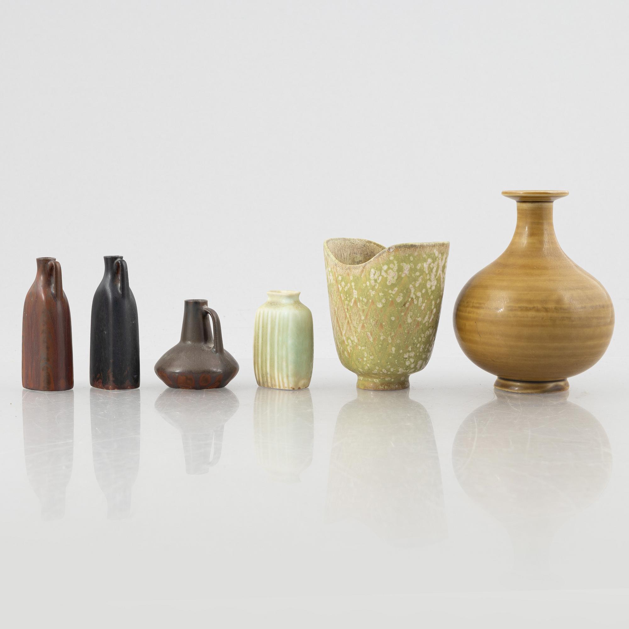Gunnar Nylund, five stoneware vases and Carl-Harry Stålhane, five stoneware vases, Rörstrand.