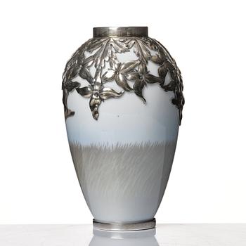 Anton Michelsen, & Royal Copenhagen, a porcelain vase with sterling silver base and rim, Copenhagen 1911.