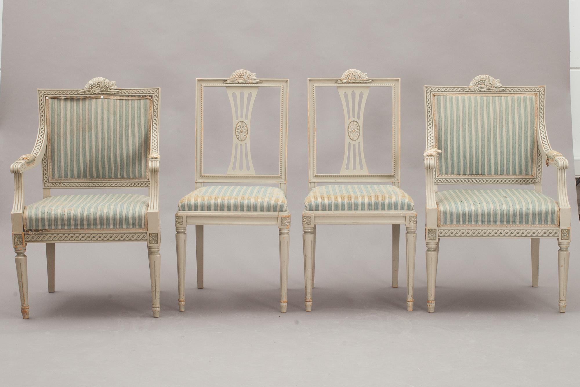 STOLAR OCH KARMSTOLAR, 10+2, sengustaviansk stil. 1900-talets slut. Lindome-modell.