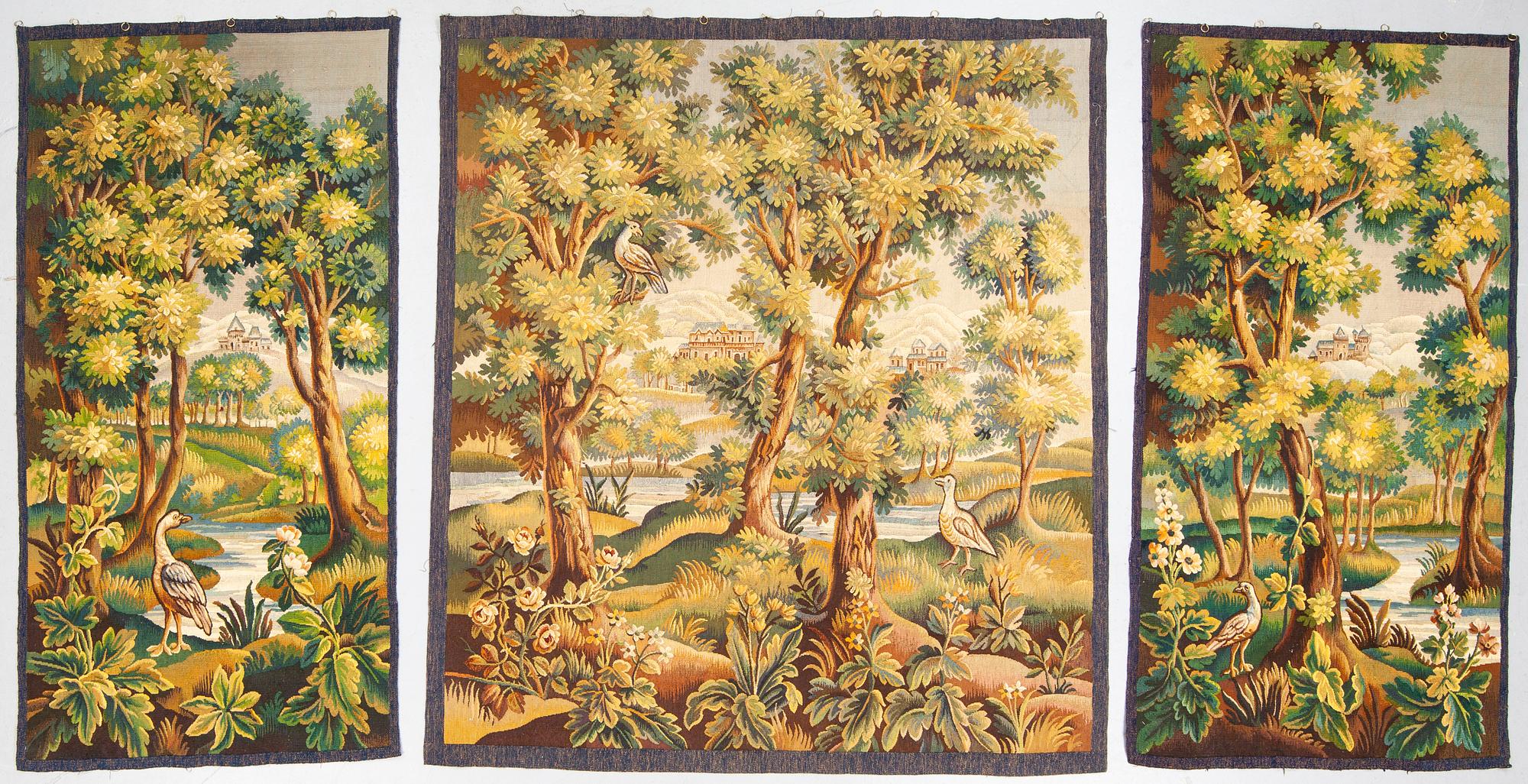 Vävda tapeter, 3 delar, gobelängteknik, omkring år 1900-1900-talets första hälft.