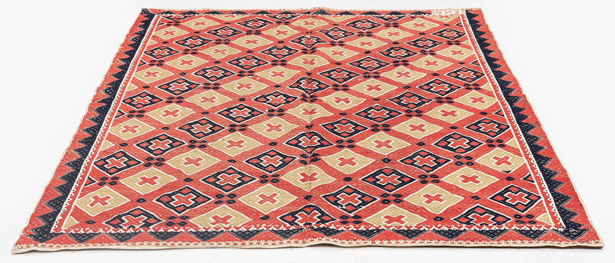 A bed cover, flat weave, c. 167 x 125 cm, Western Scania, signed EMD, early 19th century.