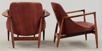 A pair of Ib Kofod Larsen palisander and brown leather 'Elisabeth' easy chairs, Christensen & Larsen, Denmark 1950-60's.