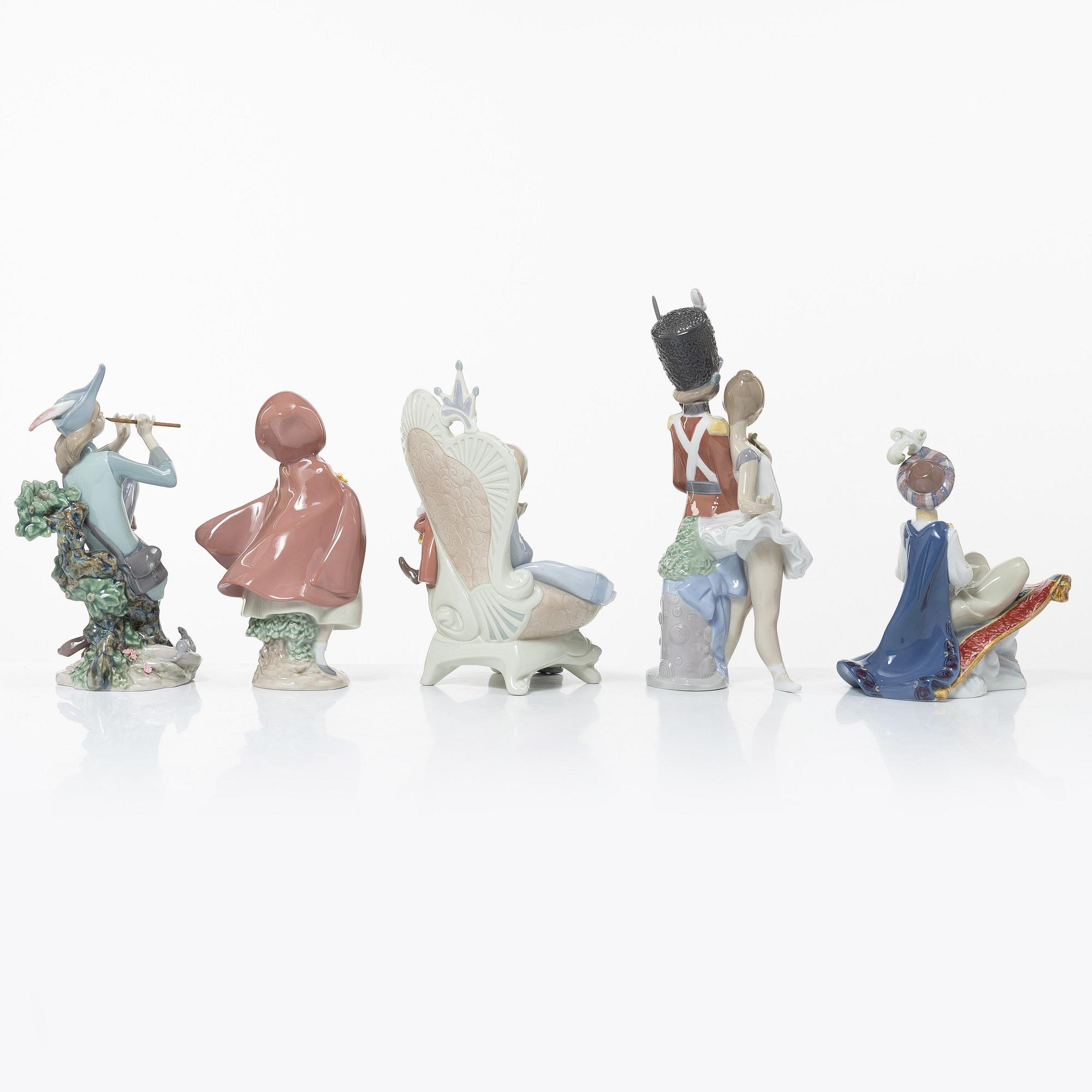 Lladró, 5 figurines, "Little Tin Soldier", "Alice in Wonderland", "Aladdin", "Little Red Riding Hood", "The Pied Piper".