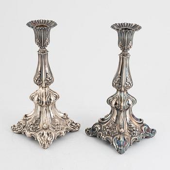 A pair of silver plated candelabra, late 19th Century.