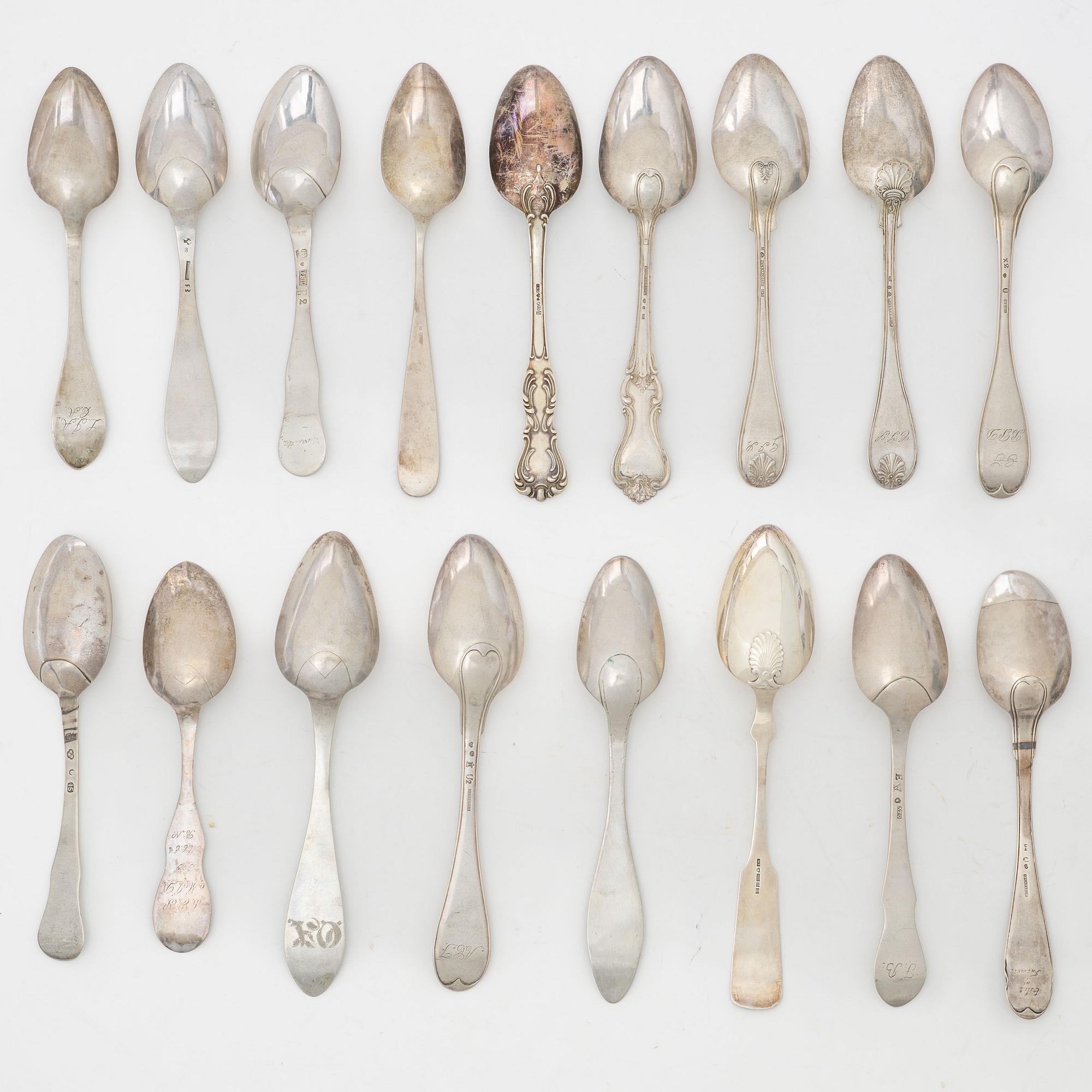 Matskedar, 17 st, silver, mestadels 1800-tal.