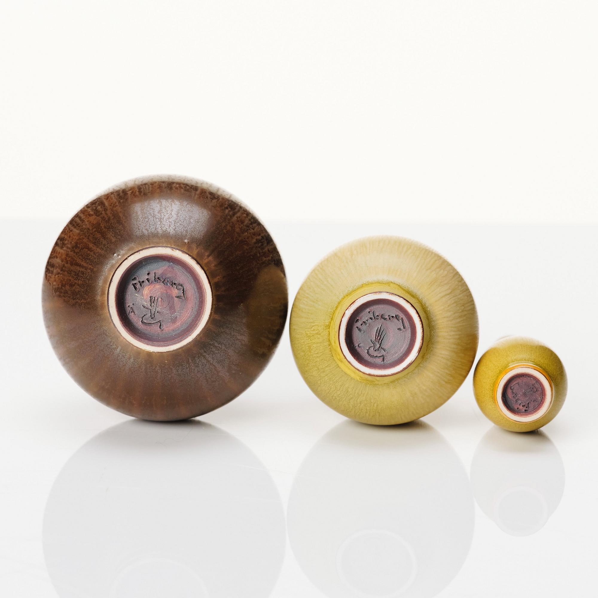 Berndt Friberg, a set of 5 stoneware miniature vases and 3 bowls, Gustavsberg studio, Sweden 1957-66.