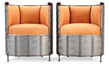 A pair of Mats Theselius moose leather armchairs 'Älgskinnsfåtöljen', Källemo Sweden 1991.