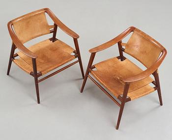 Adolf Relling & Sigurd Resell, a pair of teak and leather "56/2 Bambi-series armchairs, Norway 1950's-60's.