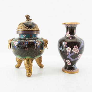 Vases 3 pcs and incense burner China cloisonné works 20th century.