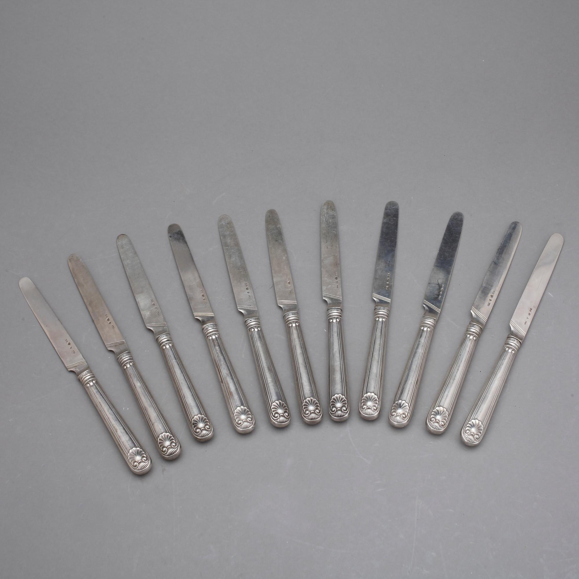 BORDSKNIVAR, silver, 11 st, Adolf Zethelius, Stockholm, 1832, vikt ca 595 g.