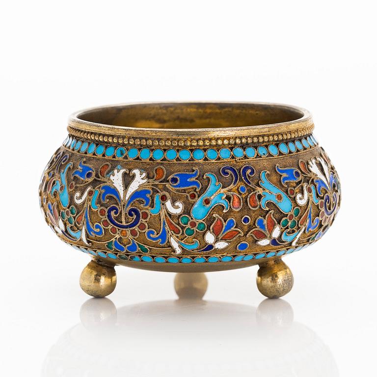 Parcel-gilt, cloisonné enamel salt cellar and spoon, Moscow 1882-89.