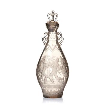 Simon Gate, an engraved glass decanter with stopper, Orrefors 1926, model 234.