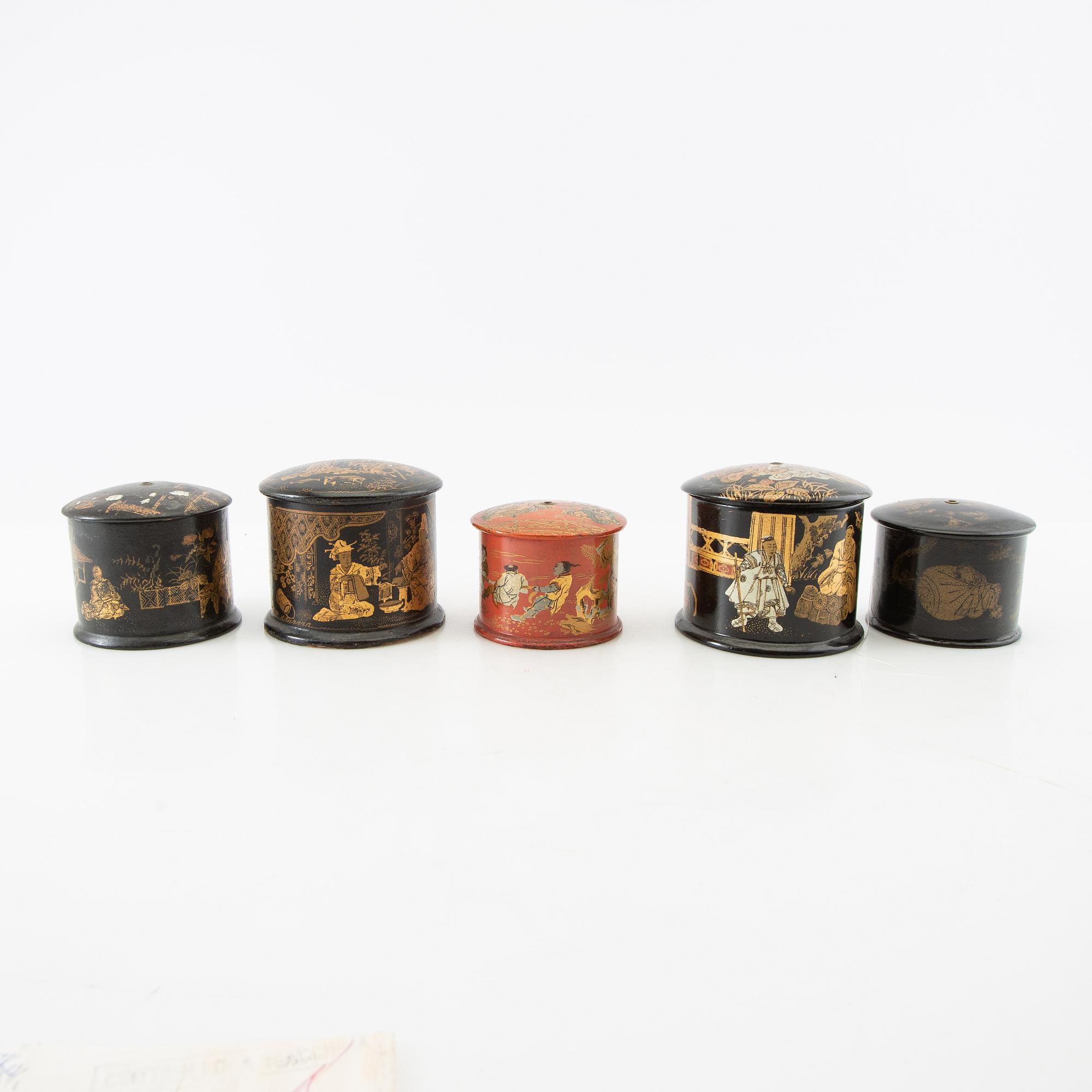 A collection of thread holders, boxes, and a tea caddy, 10 pcs Japan/Europe first half of the 20th century.