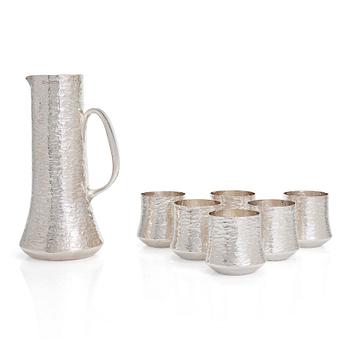 Tapio Wirkkala, silver pitcher with six silver beakers marked TW, Kultakeskus, Hämeenlinna Finland 1984-1986.