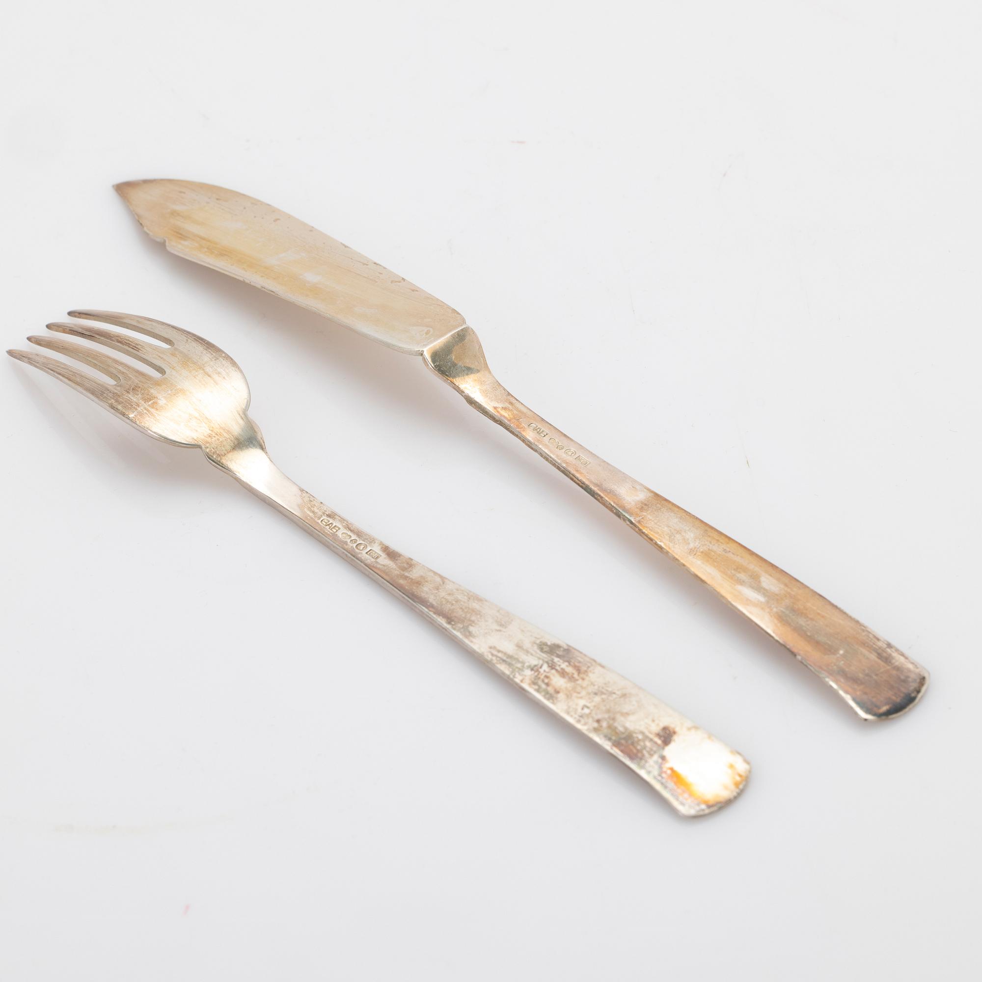 Jacob Ängman, fiskbestick, 24 delar, silver, modell Rosenholm, GAB, Stockholm, 1936.