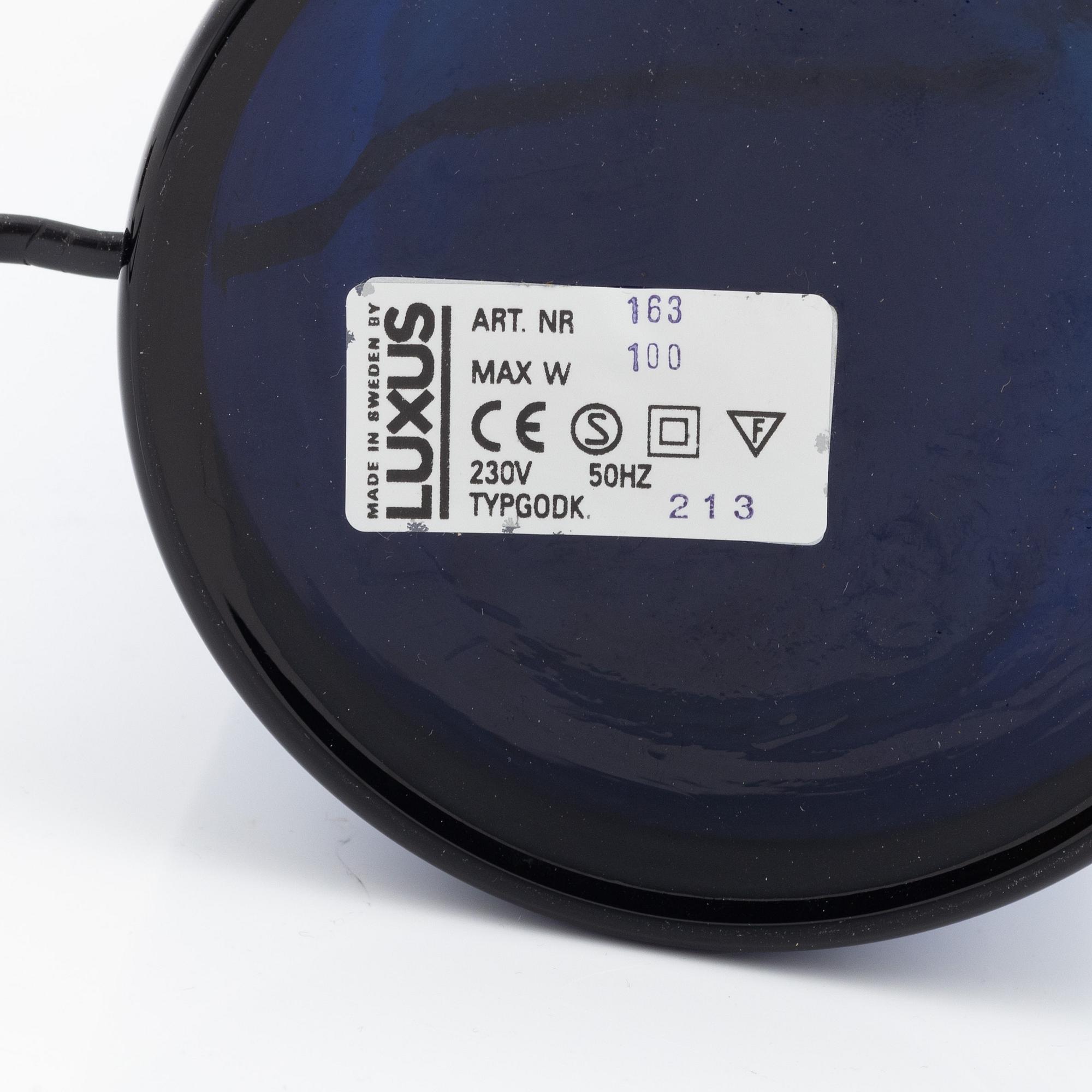 A pair of blue glass table lights, Luxus, Vittsjö.