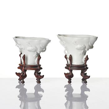Two blanc de chine rhinoceros libation cups, Qing dynasty, Kangxi (1662-1722).