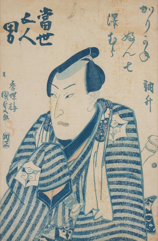 Utagawa Kunisada, two woodblock prints, Japan, before 1842, an a woodblock print by unknown artist, Japan, 1862.