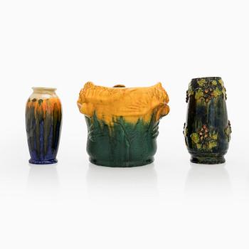 Flower pot for Turun kaakelitehdas,  and three vases, early 20th century.