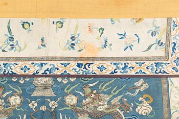 A Chinese five clawed dragon embroidered silk altar cloth, Qing dynasty, 19th century.