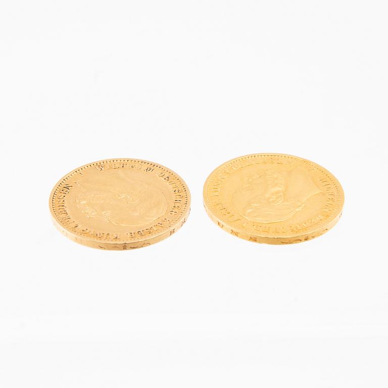 Gold coins, 2 pcs, 20 marks, 1872, 1873, German Empire, Wilhelm I.