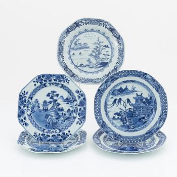 A set of five odd blue and white dishes, Qing dynasty, 18th Century.