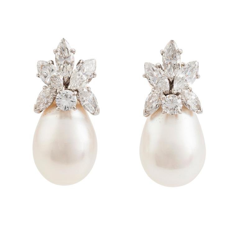 Van Cleef & Arpels a pair of earrings with drop-shaped cultured pearls and marquise and round brilliant-cut diamonds.