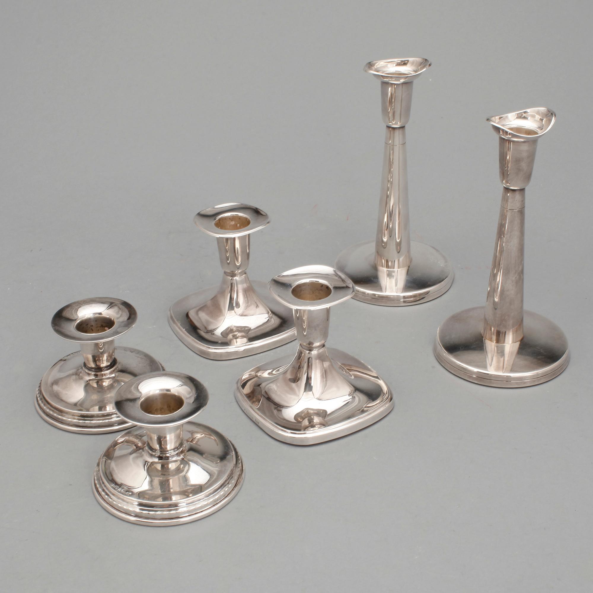 LJUSSTAKAR, 3 st par, silver, bl.a TESI, Göteborg, 1955 samt Tore Eldh, K & EC, Göteborg, 1969. Total vikt ca 741 g.