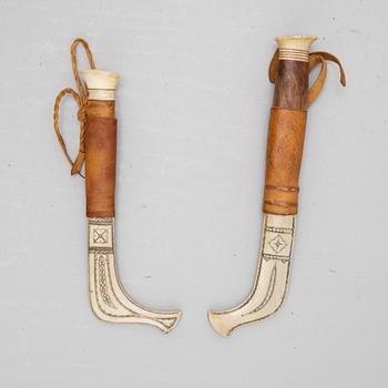 Lars Olov Parfa, two reindeer horn Sami knives, signed.