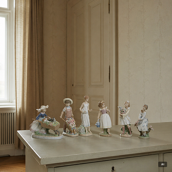 Lladró, 6 figurines, including "Wheelbarrow with flowers", "A barrow of fun", "A walk through blossoms", "Morning melodies".