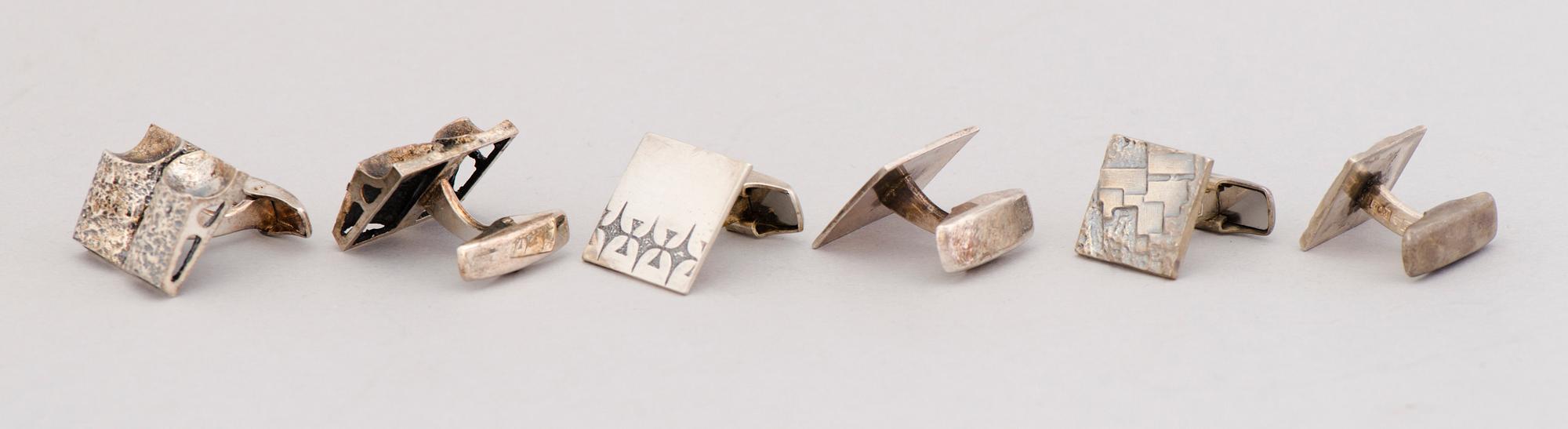 CUFFLINKS, 10 pairs, and TIEPINS, 3 pcs, silver. Finland 1960/70s.